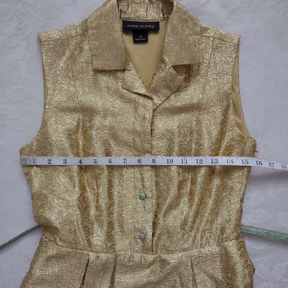 Gold metallic brocade belted dress Old Hollywood style - Picture 6 of 15